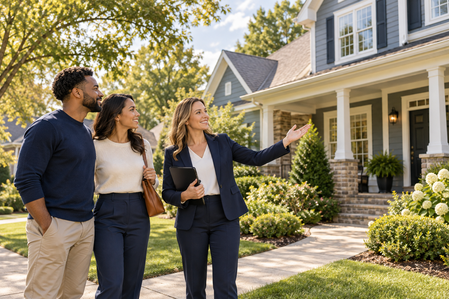 Prospective renters touring a home with a real estate professional